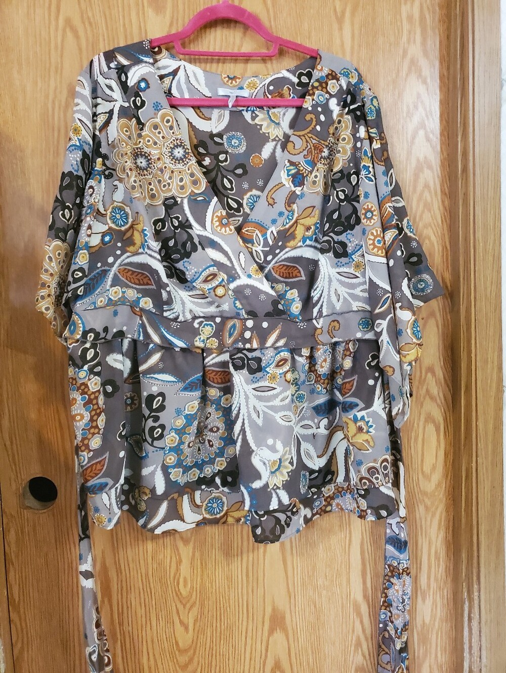 Metro 7 Floral Paisley Surplice Waist-Tie Top - Gray/Mustard/Blue Polyester